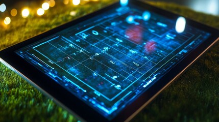 A digital tablet displaying an animated American football field on a green grassy surface with blurred bokeh lights in the background, representing technology and the sport.