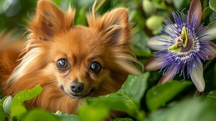 Obraz premium A tight shot of a dog nestled in a bush, a flower in the foreground, and a blue blossom in the backdrop