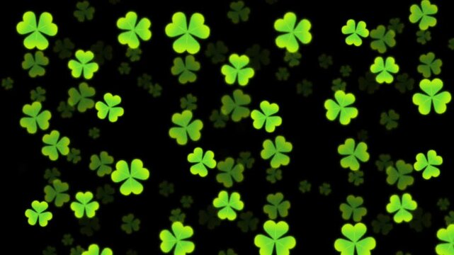 video illustration of green clover leaves moving on a black background