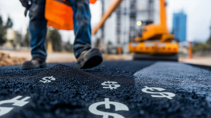 Naklejka premium A road repair worker spreading asphalt, with a crane lifting materials for a residential building in the background. Floating dollar symbols indicate the investment in both project