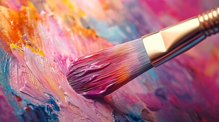 Fototapeta premium A close-up of a paintbrush on a colorful palette reveals the bold and expressive nature of abstract art.