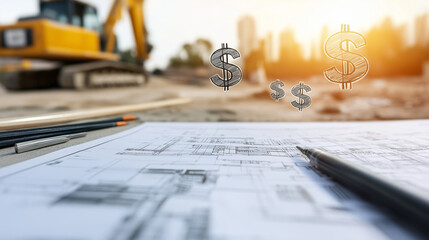 Architectural plans on a table at a construction site, with road repair work happening nearby. Floating dollar symbols represent the cost analysis of the project.