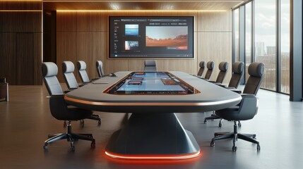 A tech-enabled conference table with built-in screens and wireless connectivity, surrounded by office chairs in a high-tech meeting room