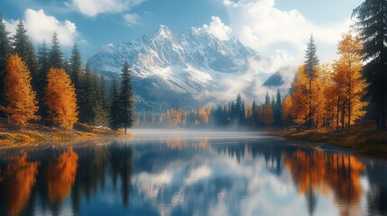 majestic mountain range reflected in crystalclear alpine lake early morning mist rising from tranquil waters