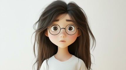 Fototapeta premium A cute cartoon of a skinny Asian girl, years old, wearing glasses, full of charm and playful spirit.