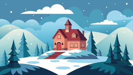 Naklejka premium hill-and-forest-in-winter-time--a-house-in-the-mid.eps