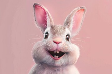 Fototapeta premium Cute Animated Bunny with Big Ears and Happy Expression on Pink Background