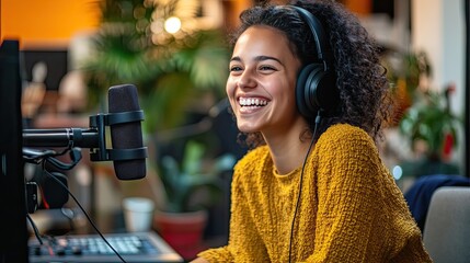 A cheerful young woman in a modern podcast studio, engaged in a lively conversation with her co-host, both enjoying the recording session with professional microphones.