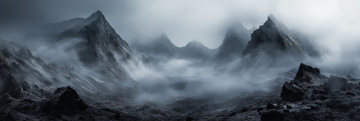 A dramatic and intense landscape of mountains shrouded in fog and mist, symbolizing mystery, solitude, awe, power, and tranquility.