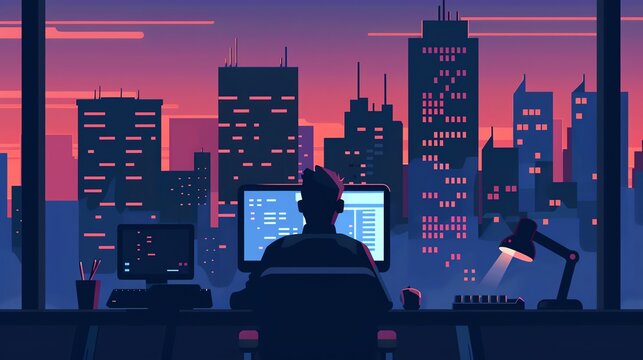 Coding marathon, programmer latenight session, flat design illustration