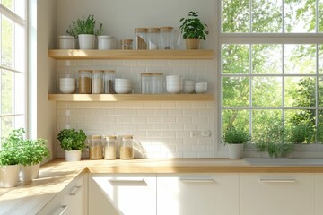 Bright kitchen with shelves, plants, and glass containers for storage.