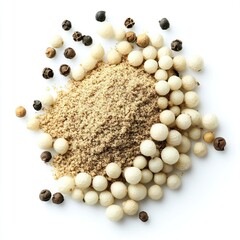 White and black peppercorns with ground pepper on white background.