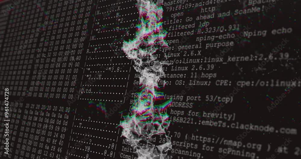 Poster dna strand animation over computer code and data processing