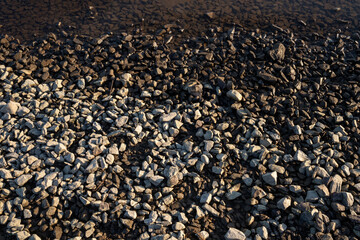 pebbles and stones on shore at evening light background