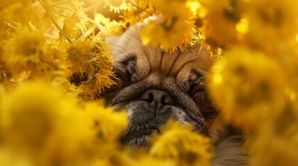  A tight shot of a dog reclining in a flower-filled field, its head nestled on the earth