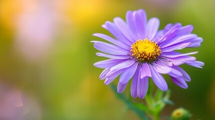 Obraz premium A purple flower with a yellow center on a green stem against a blurred backdrop of green and yellow