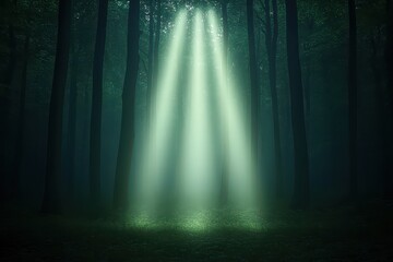 Glowing light beams breaking through a dense fog in a dark forest, mysterious and captivating, forest glowtime, eerie and enchanting.