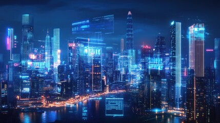 Futuristic Cityscape with Neon Lights and Data Visualization