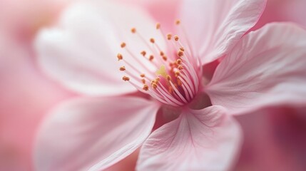 Close-up of a blooming cherry blossom with soft pink petals and delicate stamens, illustrating the fleeting beauty of spring flowers.