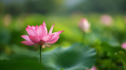 Obraz premium A tight shot of a pink bloom amidst water lilies' emerald foliage