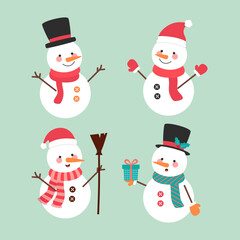 Set of cartoon Christmas illustrations.Set of funny snowman character celebrating Christmas.