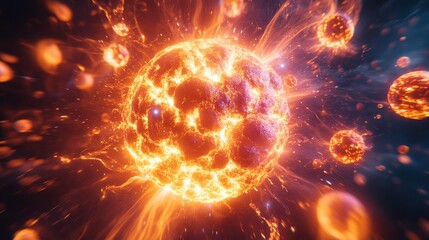 Fototapeta premium Depiction of energy bursts from atomic nuclei during nuclear fission, with particles scattering