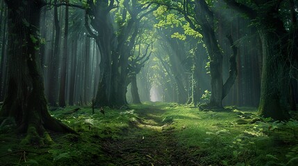 Fototapeta premium A path through a lush, sun-dappled forest with tall trees and green undergrowth.