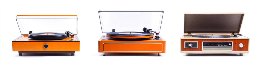 Obraz premium Isolated Vintage Turntables with Open and Closed Cases, Front View Display of Three Different Classic Record Players on White Background