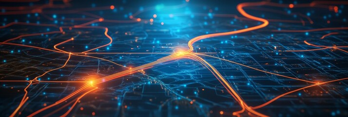 A futuristic digital roadmap concept with glowing orange route lines connecting various points on a blue network, symbolizing global connectivity, data flow, technological advancement, and the interco