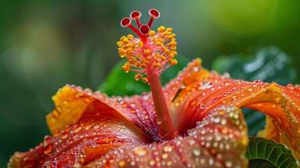  A tight shot of a red-yellow bloom, adorned with water droplets, against a backdrop of verdant leaves