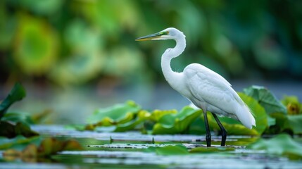  A white bird atop a tranquil body of water Nearby, a lush forest teems with emerald foliage dense with leaves