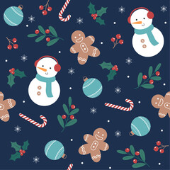 Snowman and gingerbread vector illustration for print.Cartoon seamless hand drawing christmas pattern on dark background. 