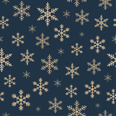 Seamless golden snowflakes isolated on a dark blue background. Cute Christmas seamless pattern.