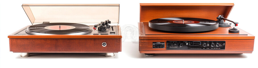 Obraz premium Isolated Vintage Turntables with Open and Closed Cases, Front View Display of Three Different Classic Record Players on White Background