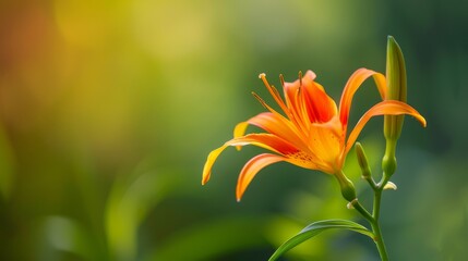 Obraz premium A tight shot of an orange bloom atop a verdant stem against softly blurred surroundings