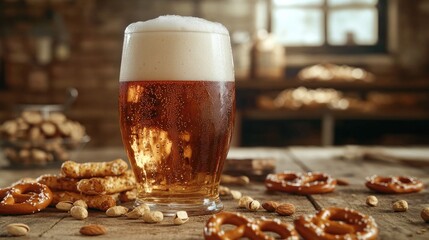 Close-up of a chilled beer glass with a thick foam top, surrounded by snacks like pretzels and nuts on a rustic table.
