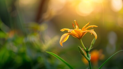  A tight shot of a yellow bloom with sun rays filtering through the tree foliage behind