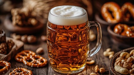 Close-up of a chilled beer glass with a thick foam top, surrounded by snacks like pretzels and nuts on a rustic table.