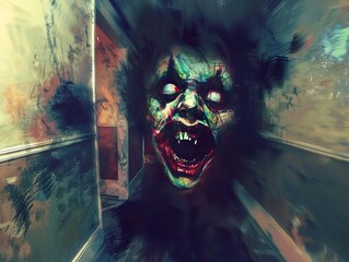 A horrifying image of a demonic figure with a grotesque face and red eyes appearing in a dark hallway.