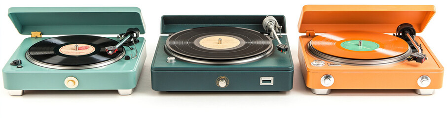 Retro Record Players Collection with Various Turntable Styles, Open and Closed Cases, Presented on White Background, Frontal Perspective