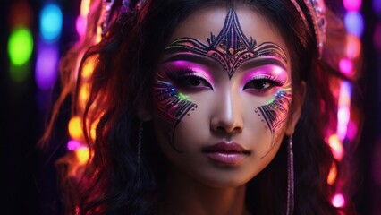 Asian woman with pink, orange, green and purple neon mascara and eyeliner, glowing in the dark Y3K style