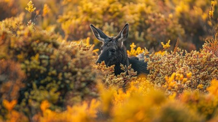Obraz premium A tight shot of a small creature amidst a sea of grass and shrubs, adorned with yellow and orange blooms
