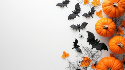 Halloween background with pumpkins, bats, and spider webs on a white tabletop. Halloween party decoration concept. Halloween-themed frame design template. 
