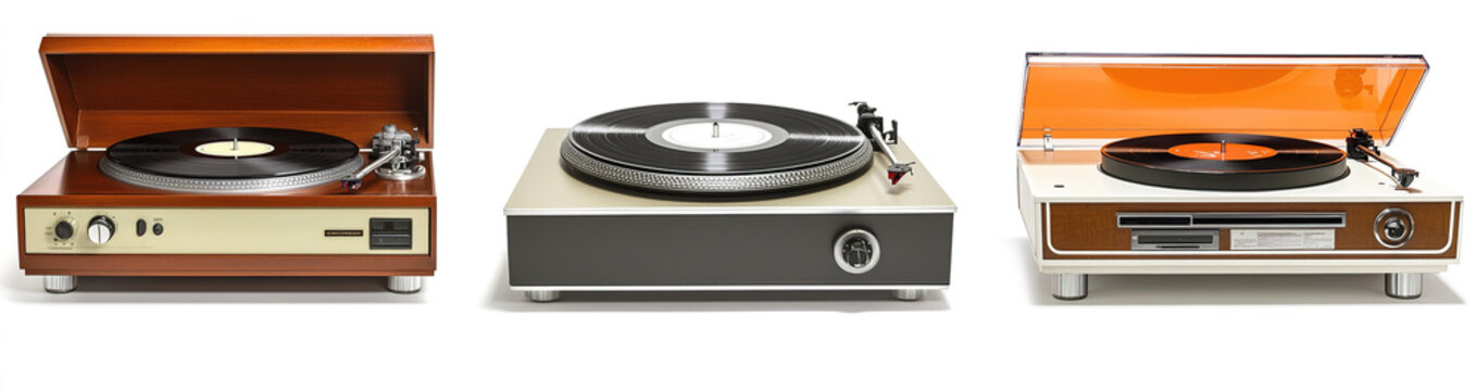Classic Vintage Record Players with Open and Closed Cases Displayed on White Background, Front Perspective of Three Distinct Turntable Designs