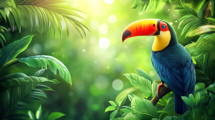 A vibrant toucan perched among lush green tropical foliage with sunlight filtering through, suitable for use in travel promotions, nature documentaries, or environmental awareness campaigns,