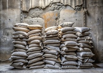 A stacked pile of gray cement bags with torn labels and worn edges sit against a weathered concrete wall, evoking a sense of industrial decay.