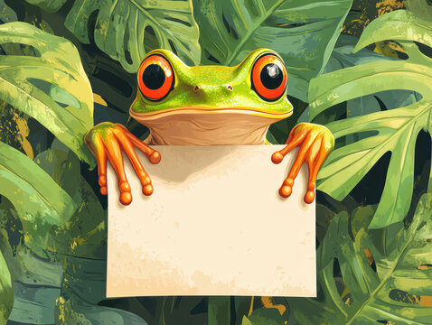 An image of a cute, colorful tree frog with large eyes holding a blank sign against a backdrop of green leaves perfect for advertisements, nature-themed posters, and social media graphics,