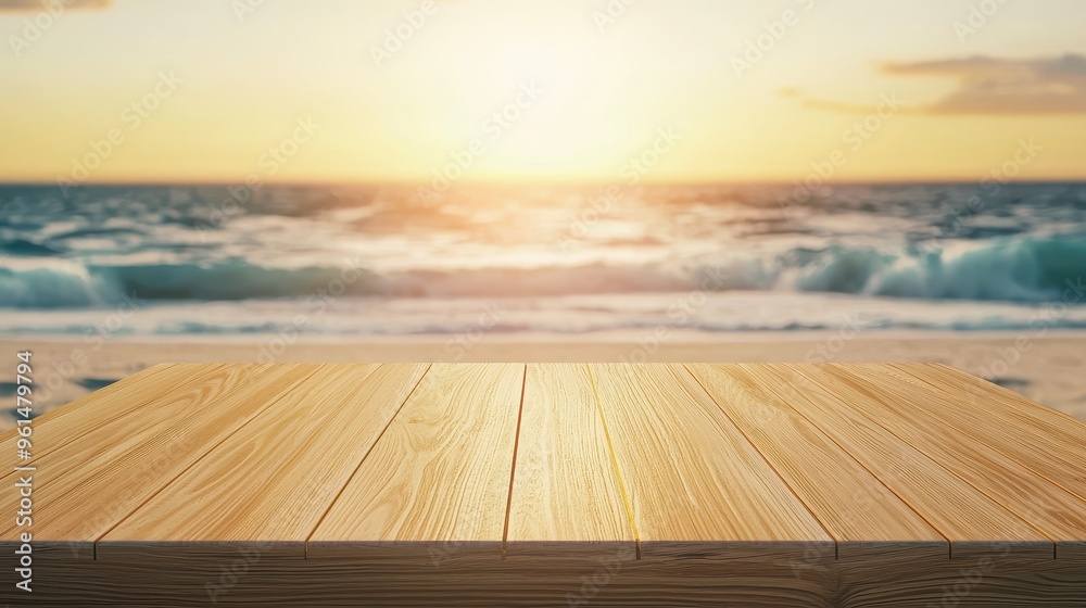 Canvas Prints Wooden Tabletop with Blurred Ocean and Sunset Background