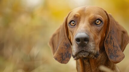  A tight shot of a dog's expressive face against a softly blurred backdrop of grass and trees