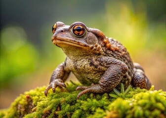 Obraz premium A tiny European common toad, Bufo bufo, perches on a moss-covered stone, its warty brown skin and golden eyes blending with the natural surroundings.